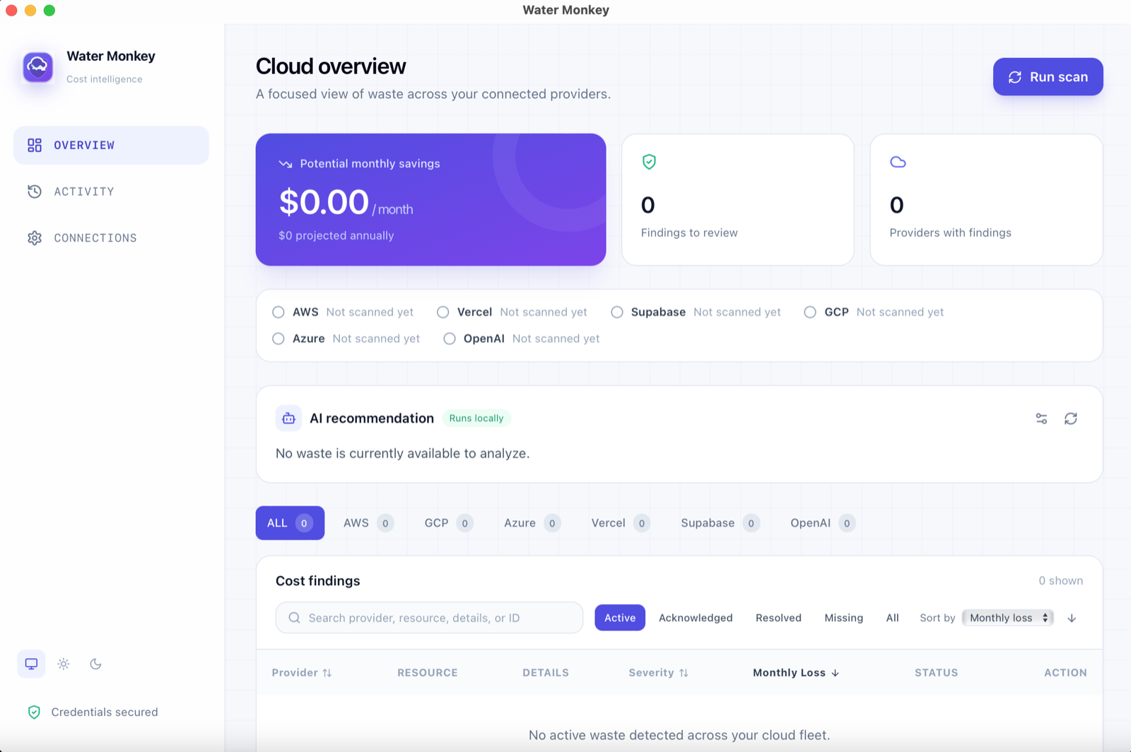Water Monkey desktop app showing the Cloud overview screen with potential monthly savings, per-provider scan status for AWS, Vercel, Supabase, GCP, Azure, and OpenAI, and a cost findings table